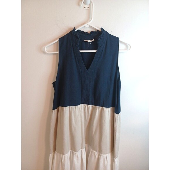 52 Seven Women’s M Linen Blend Color Block  Navy Blue Tan White Tiered Dress - Picture 4 of 9